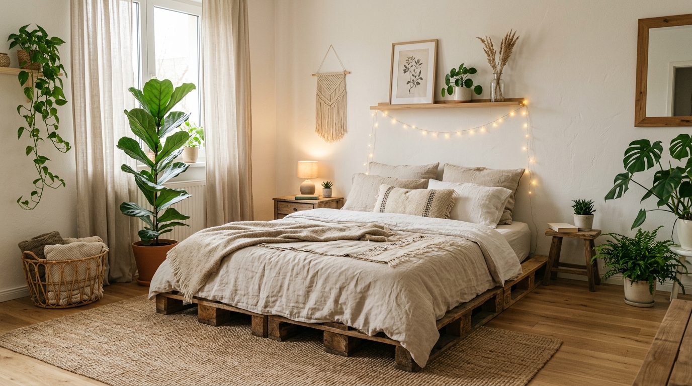 découvrez comment aménager une chambre cocooning et chaleureuse avec un lit en palette, alliant confort et style naturel pour un espace relaxant.