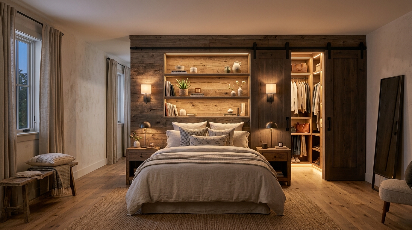 découvrez comment optimiser l'espace et le rangement avec un dressing intégré derrière la tête de lit, alliant praticité et gain de place pour une chambre organisée et élégante.