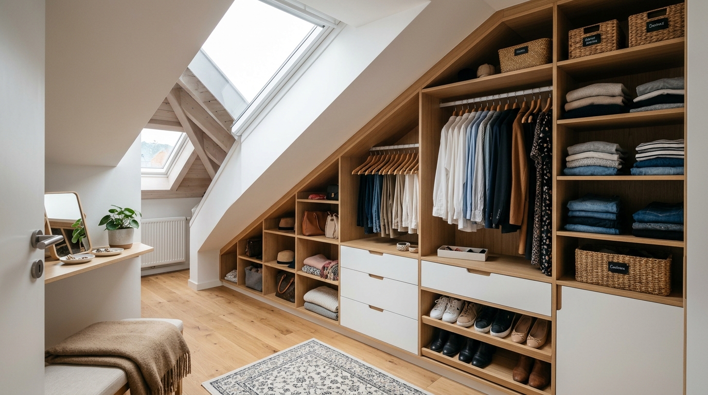 découvrez comment optimiser l'espace de rangement sous pente avec notre kit dressing pratique et modulable, idéal pour exploiter chaque centimètre et organiser efficacement votre intérieur.