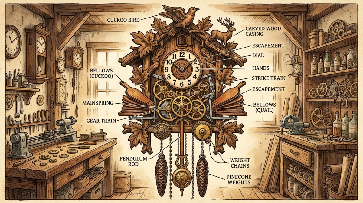 Schéma et mécanisme de l’horloge coucou expliqué simplement