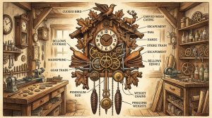 Schéma et mécanisme de l’horloge coucou expliqué simplement