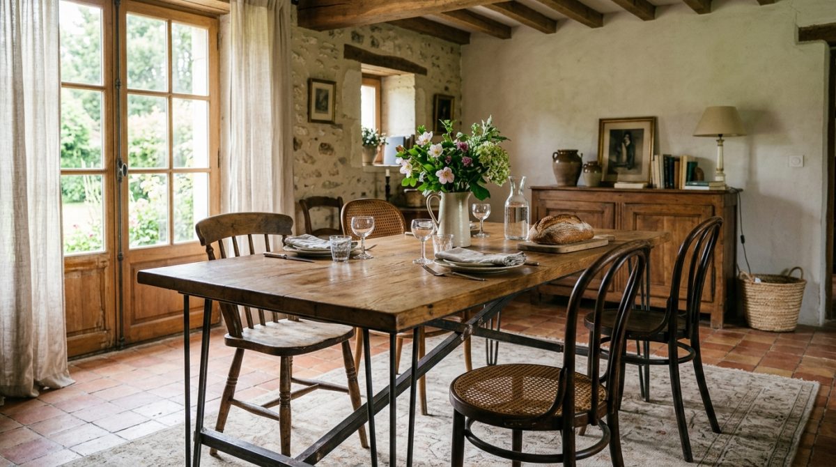 Table à manger vintage industriel en bois et acier : le charme du mélange des matières