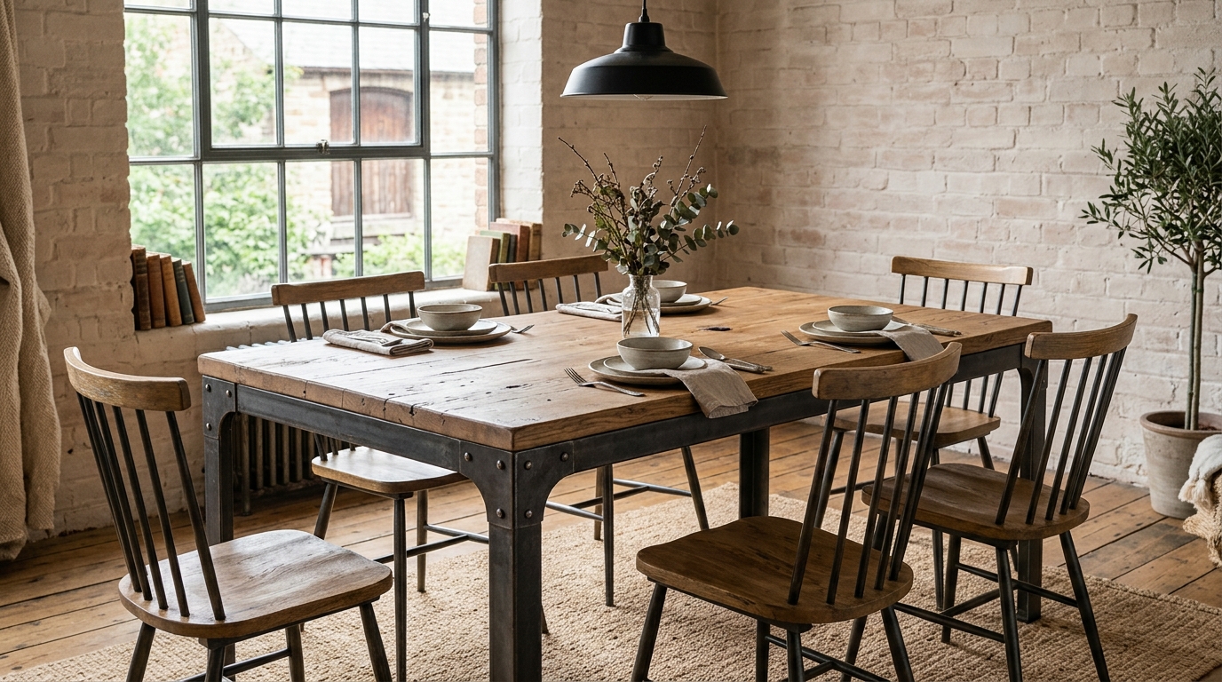 découvrez la table à manger vintage industrielle en bois et acier, une pièce au charme authentique qui associe matières brutes et élégance intemporelle.